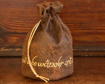 Aragorn's Verse, Distressed Faux Leather Dice, Gift or Favour Drawstring Bag, Tile Pouch, Embroidered for DnD, D&D,  Pathfinder, LoTR