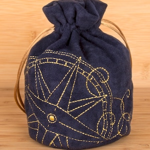 Compass Dice, Gift or Favour bag, Tile Pouch, Gold  Embroidery on Navy Blue Faux Suede for Dungeons and Dragons, Pathfinder