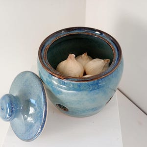 May include: A blue ceramic garlic keeper with a lid, containing several garlic bulbs. The keeper has a round shape with small holes for ventilation. The lid is off to the side, revealing the contents.