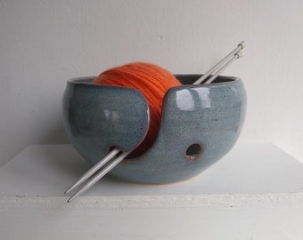 Yarn bowl.  size - small with extra threading hole, speckled mid blue, Handmade Ceramic Knitters Yarn Bowl /wool holder. Knitting accessory.