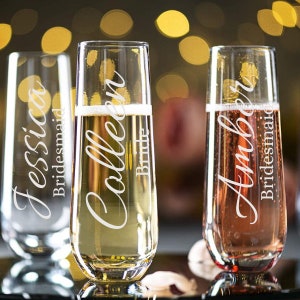 Etched Glass Bridal Party Stemless Champagne Flutes