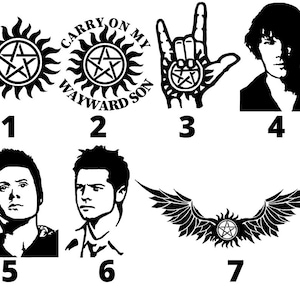 May include: Black and white graphic designs featuring symbols and portraits. Includes a sunburst with a pentagram, a hand gesture with a pentagram, and portraits of characters. The phrase "Carry on my Wayward Son" is also present.