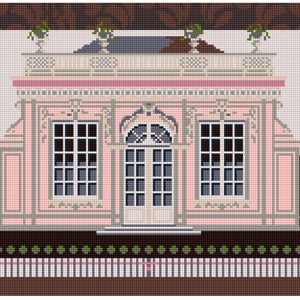 May include: A pink and white miniature building with a white picket fence and green plants. The building has a white door with a decorative arch and two windows on each side. The roof is gray with a white trim.