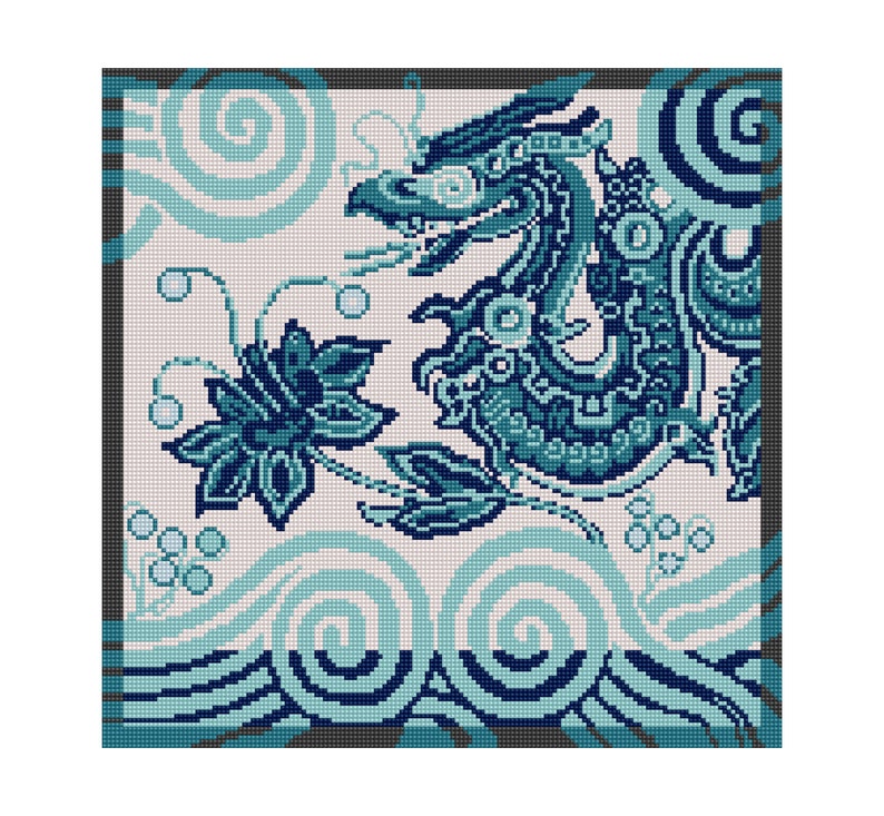 Modern yet traditional tapestry kit 16 square Royal Dragon in Blue