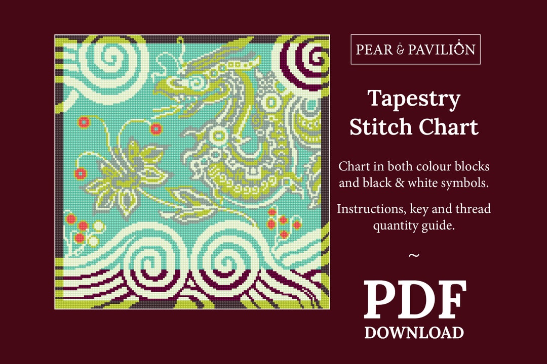 Tapestry Stitch Chart PDF, Royal Dragon Design in Green. Instructions