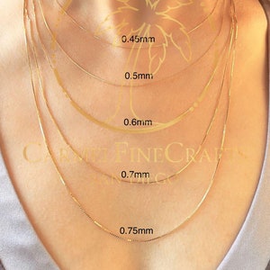Colar de corrente de elos de caixa de ouro maciço de 0,45 mm a 0,75 mm Corrente de elos de caixa quadrada fina Corte de diamante Ouro amarelo 14K