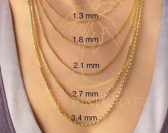 Collier chaîne à maillons ronds de 1,3 mm à 3,4 mm pour hommes et femmes, fine chaîne en forme de diamant, 16 à 24 pouces, or jaune véritable 14 carats