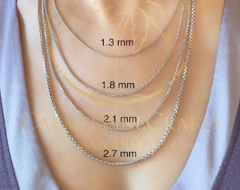Round Box Link White Gold Chain Necklace 1.3mm-2.7mm Womens Mens Box Chain 16&quot;-24&quot; 14K Real Gold