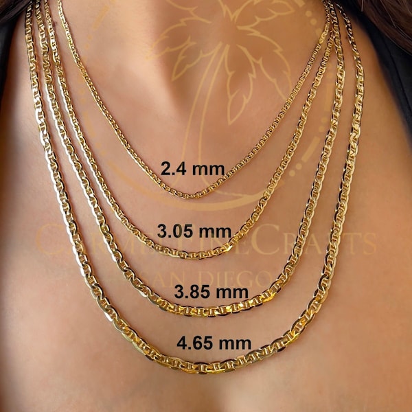 2,4 mm-4,65 mm Mariner-Anker-Gliederkette für Männer und Frauen, flache Mariner-Kette, 40,6–61 cm, zierliche Gliederkette aus 14-karätigem Echtgold