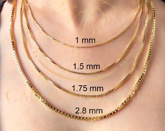 0.73mm-2.8mm Mirror Square Box Chain Dainty Box Chain Necklace Minimalist Box Link Chain For Men Women 10K-14K Genuine Yellow Gold