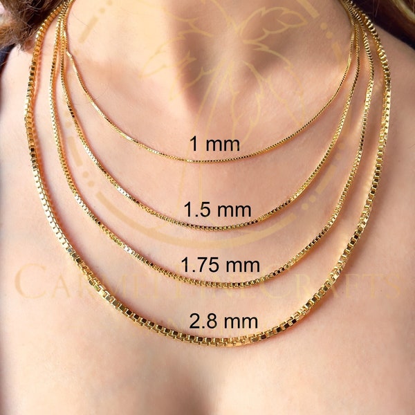 0.73mm-2.8mm Mirror Square Box Chain Dainty Box Chain Necklace Minimalist Box Link Chain For Men Women 10K-14K Genuine Yellow Gold