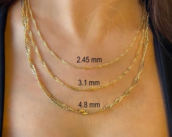 Singapore Chain 2.45mm-4.8mm Women Delicate Diamond Cut Twisted Necklace 10K-14K Genuine Yellow Gold