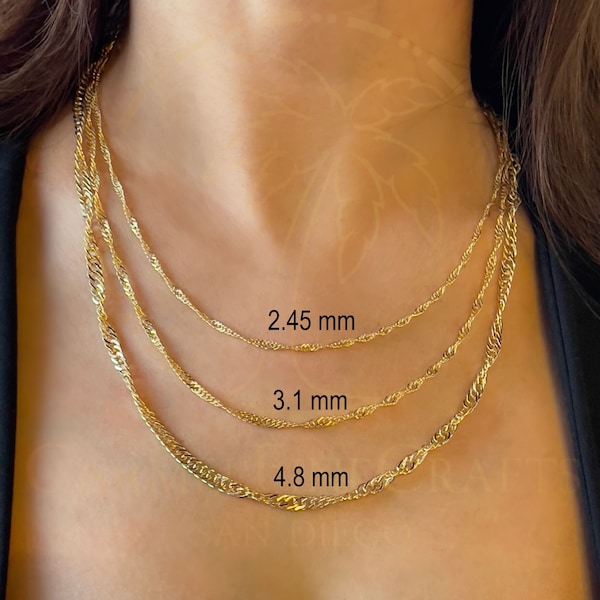Singapore Chain 2.45mm-4.8mm Women Delicate Diamond Cut Twisted Necklace 10K-14K Genuine Yellow Gold