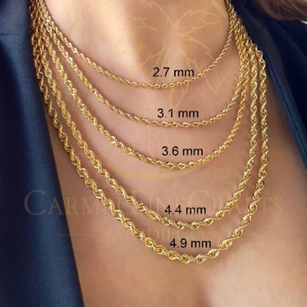 Twist Rope Chain Men Women 2.7mm-4.9mm Diamond Cut Necklace Chain 16"-24" 10K-14K Genuine Yellow Gold