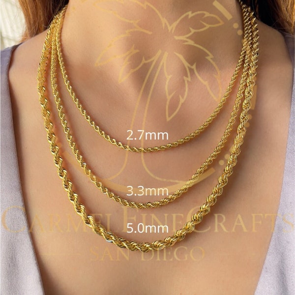 2.7-5.0mm Laser Cut Rope Chain Necklace Men Women Twisted Link Chain 16"-24" 14K Genuine Yellow Gold