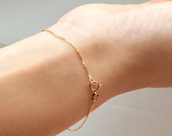 14K Solid Yellow Gold Box Chain Bracelet | Diamond Cut Square Box Link Bracelet | 0.7mm | 7" 7.5" 8"