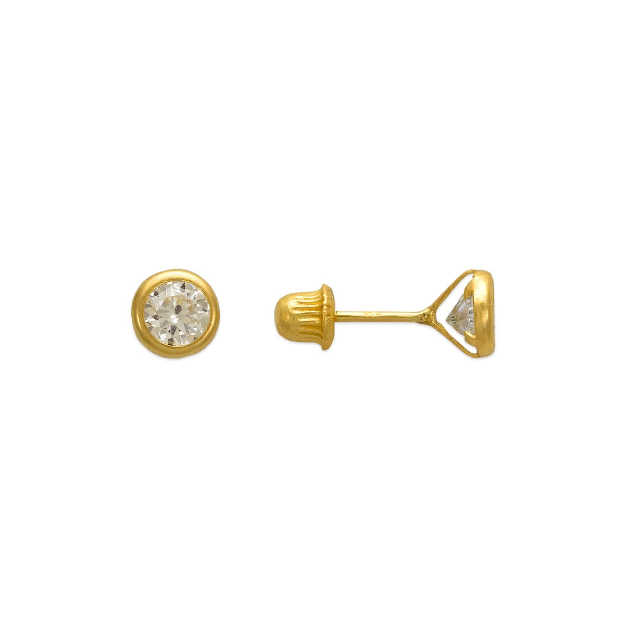 Bezel Stud Earrings 14K Solid Yellow Gold Women Girls CZ | Etsy