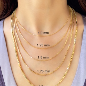 Cadena de eslabones de caja minimalista con espejo de 1,0 mm a 2,8 mm, estilo caja, para hombres y mujeres, en oro amarillo genuino de 10 quilates a 14 quilates.