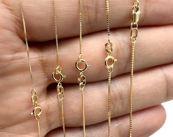 0.45mm-0.75mm Solid Gold Box Link Chain Necklace Thin Square Box Link Chain Diamond Cut 14K Yellow Gold