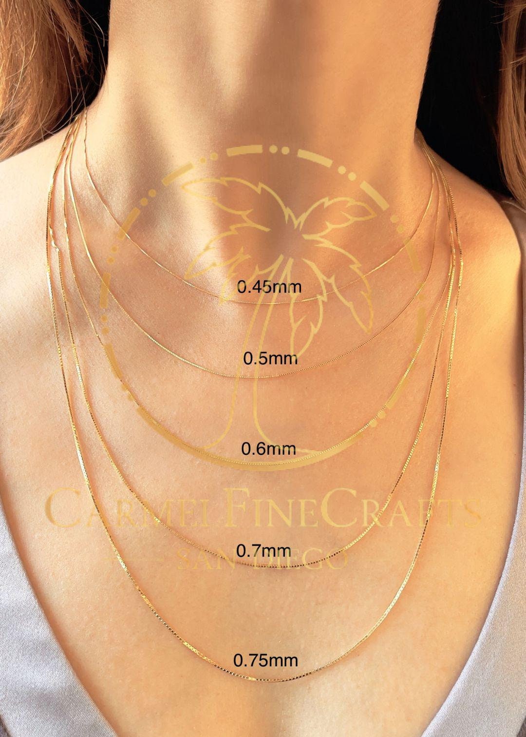 0.45mm-0.75mm Solid Gold Box Link Chain Necklace Thin Square Box Link Chain Diamond Cut 14K Yellow Gold