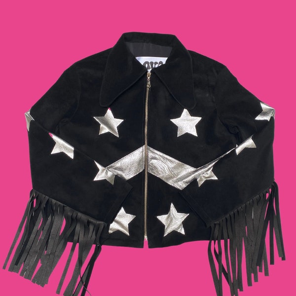 70s Style Jacket Black Suede with Silver Stars Glam Rock Bowie Made in England