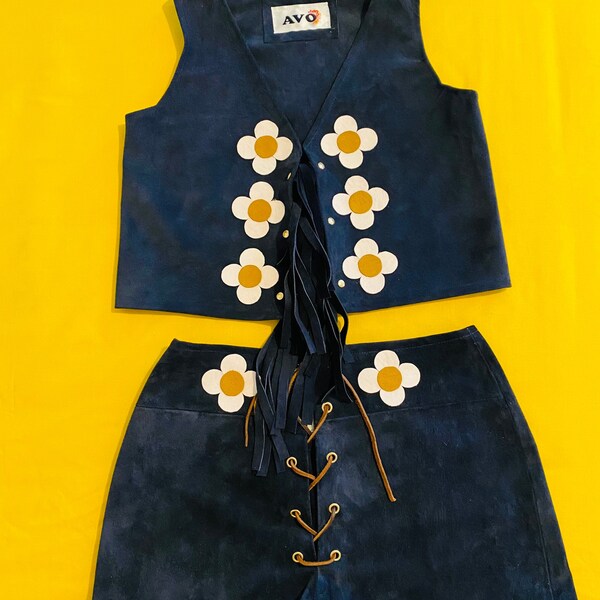 60s 70s Style Two Piece Navy Suede Flower Power Made in England