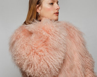 60s 70s Style Pink Mongolian Sheepskin Coat Made In England