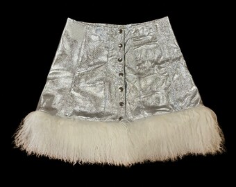 60s 70s Style Space Age Barbarella Skirt Silver Foil Leather with Mongolian