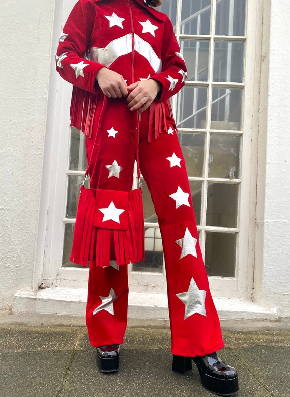 60s 70s Style Red Suede Two Piece Suit Glam Rock Bowie Made in