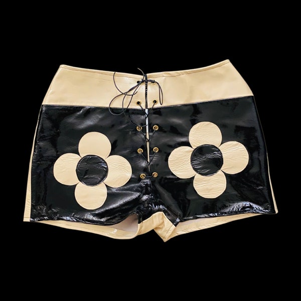 60s 70s Style Black & Cream Patent Shorts / Mod / Groovy / Flower Power / Made in England