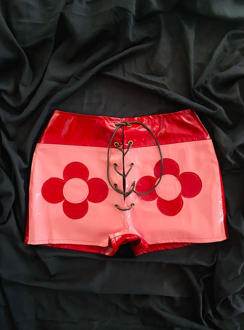 Vintage Shorts, Culottes History 1930s-1950s 60s 70s Inspired Red & Pink Patent Shorts / Mod / Groovy / Flower Power / Valentines $93.26 AT vintagedancer.com