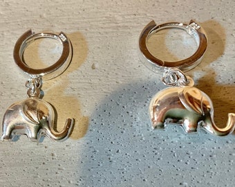 Sterling silver huggie hoop earring with sterling silver elephant charm