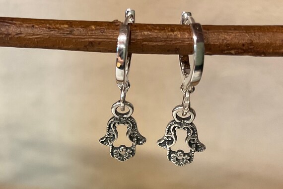 Silver huggie hoop charm earrings rock hand