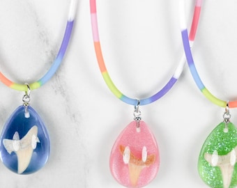 Fossilized Shark Tooth Necklace - Acrylic Teardrop/Rainbow Cord
