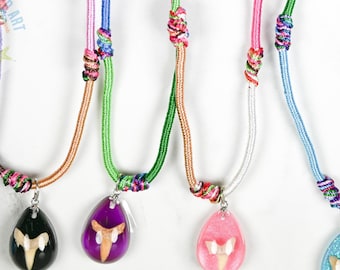 Fossilized Shark Tooth Necklace - Acrylic Teardrop on Color Cord