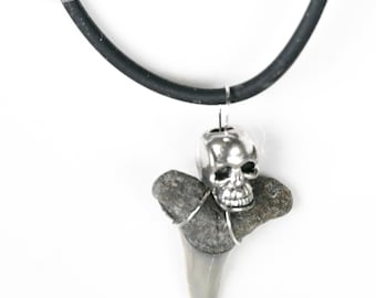 Fossilized Shark Tooth Necklace - Metal Skull Bead