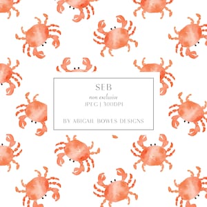 Crabs, Red, Kids, Kidswear, Watercolour, Hand Painted Seamless Pattern, Fabric Design, Commercial license, Non-exclusive, Digital Download