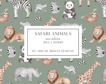 Safari Animals, Watercolour, Hand Painted Seamless Pattern, Fabric Design, Commercial license, Non-exclusive, Digital Download