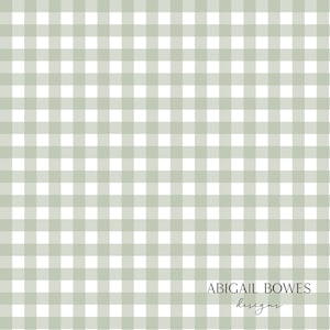 May include: A green and white gingham pattern background with the text "ABIGAIL BOWES designs" in black script at the bottom.
