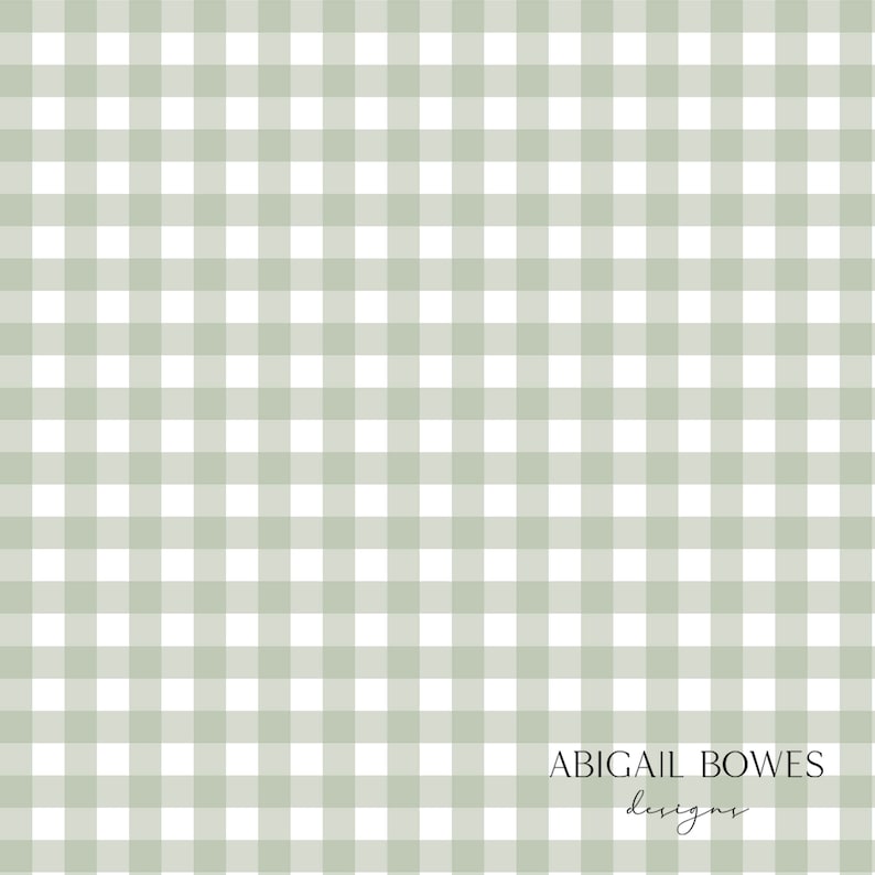 May include: A green and white gingham pattern background with the text "ABIGAIL BOWES designs" in black script at the bottom.