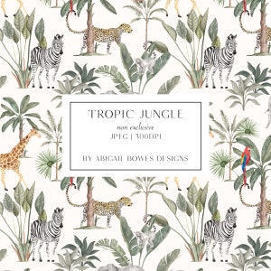 May include: A seamless pattern featuring watercolour illustrations of tropical plants, animals, and birds. The pattern includes palm trees, ferns, zebras, leopards, giraffes, lemurs, and parrots. The text "Tropic Jungle" is displayed in a white rectangle.