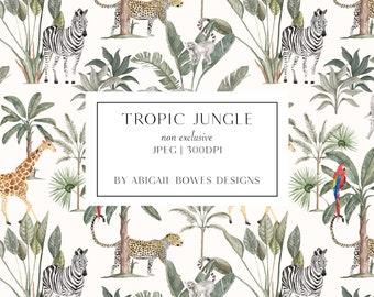 Tropic Jungle, Safari, Watercolour, Handpainted, Seamless Pattern, Fabric Design, Commercial license, Non-exclusive, Digital Download