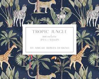 Tropic Jungle, Safari, Watercolour, Handpainted, Seamless Pattern, Fabric Design, Commercial license, Non-exclusive, Digital Download