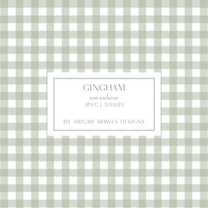 Peut inclure: Un motif vichy vert et blanc. Le texte "GINGHAM non exclusive JPEG | 300DPI BY ABIGAIL BOWES DESIGNS" est dans un rectangle noir.