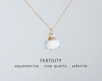 Fertility charm necklace Healthy pregnancy gift Crystal jewelry Mom to be IVF gifts Aquamarine Rose quartz Selenite Handmade gemstone choker