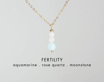 Collar de fertilidad, apoyo para FIV, embarazo, curación, joyería de cristal, energía holística, empoderamiento, regalo para futura mamá, piedra lunar, aguamarina, cuarzo rosa.