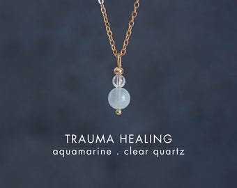 Colar de cura de traumas com água-marinha e quartzo transparente. Equilíbrio emocional, paz interior, alívio do estresse. Joia de cristal. Presente para luto, perda de animal de estimação. Autocuidado.