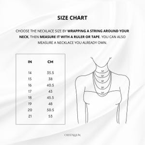 Pu&ograve; includere: Una tabella delle taglie delle collane con misure in pollici e centimetri. Il grafico include un diagramma di un collo con lunghezze di collana da 14 pollici (35,5 cm) a 21 pollici (53 cm). Il testo consiglia di misurare il collo con uno spago e un righello.