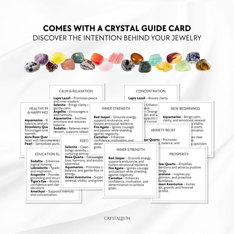 Pu&ograve; includere: Una scheda guida ai cristalli con varie pietre preziose e testo. La scheda &egrave; intitolata "Comes with a Crystal Guide Card" e include informazioni sulle propriet&agrave; dei cristalli, come "Calm & Relaxation" e "Inner Strength."