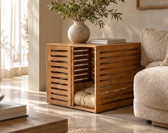Caseta para perros de estilo moderno de mediados de siglo, mueble de madera tipo jaula, mesa auxiliar para caseta de perro de interior